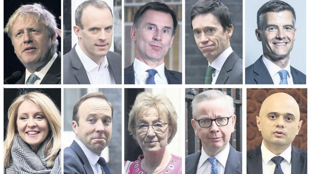 Lista oficial de los 10 candidatos del Partido Conservador para Primer Ministro. De izquierda a derecha: Boris Johnson, Dominic Raab, Jeremy Hunt, Rory Stewart, Mark Harper. Abajo: Esther McVey, Matt Hancock, Andrea Leadsom, Michael Gove, Sajid Javid.