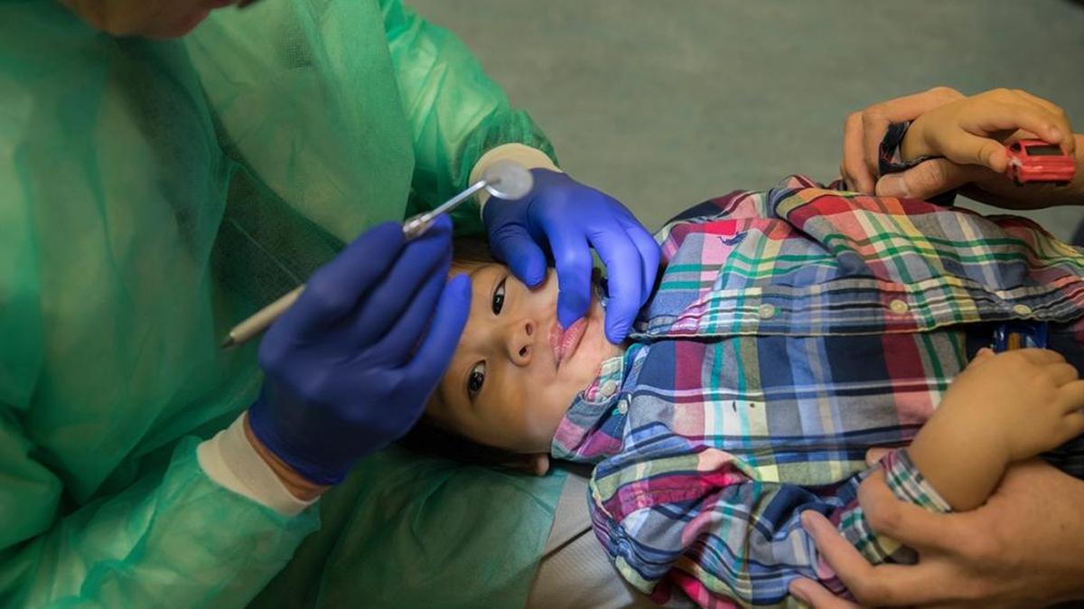 Ray Stewart, profesor de odontología pediátrica en la Universidad de California en San Francisco examina a Matthew Mai, de 2 años, de Vallejo, California. Stewart ha estado tratando a niños pequeños por 15 años.