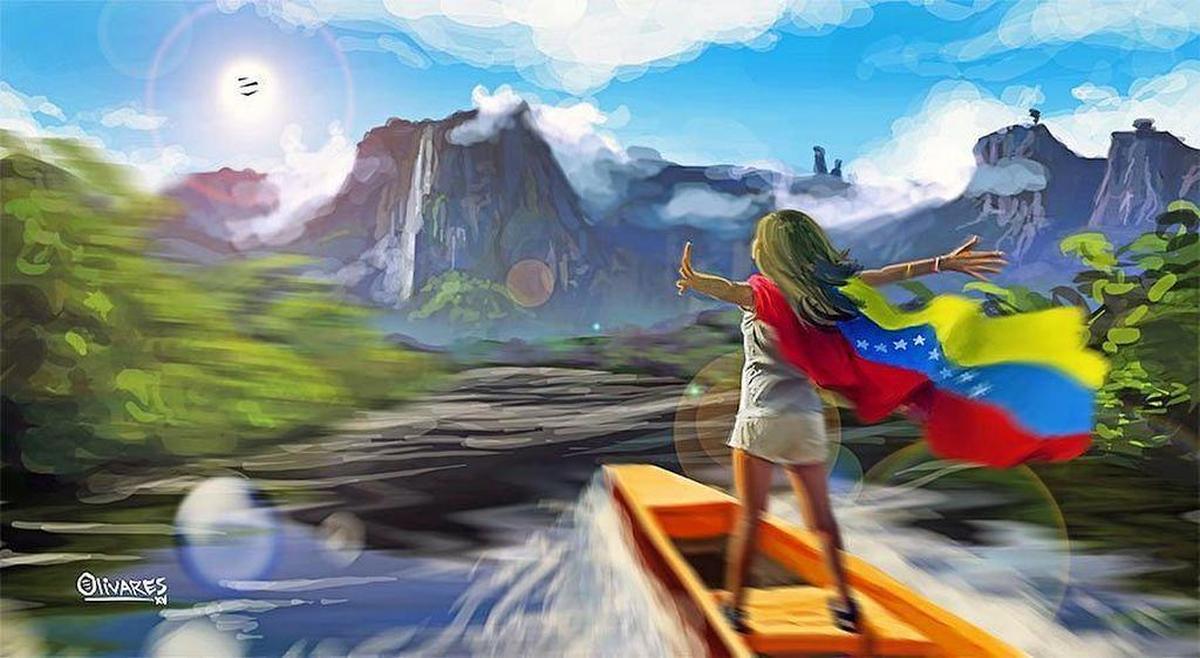 Una de las ilustraciones de Oscar Olivares, el artista venezolano conocido como “el pintor de las protestas”.