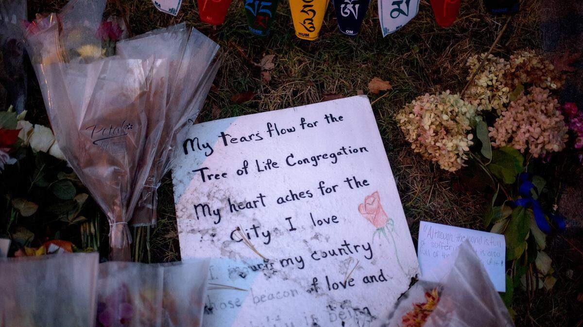 FILE -- Part of a makeshift memorial for those killed by an anti-Semitic gunman during a mass shooting at the Tree of Life synagogue in Pittsburgh, Pa., Oct. 30, 2018. As the attack’s one-year anniversary approaches, an expert has found that the three congregations that share the synagogue have been living out something very much like the ideal memorial. (Hilary Swift/The New York Times)
