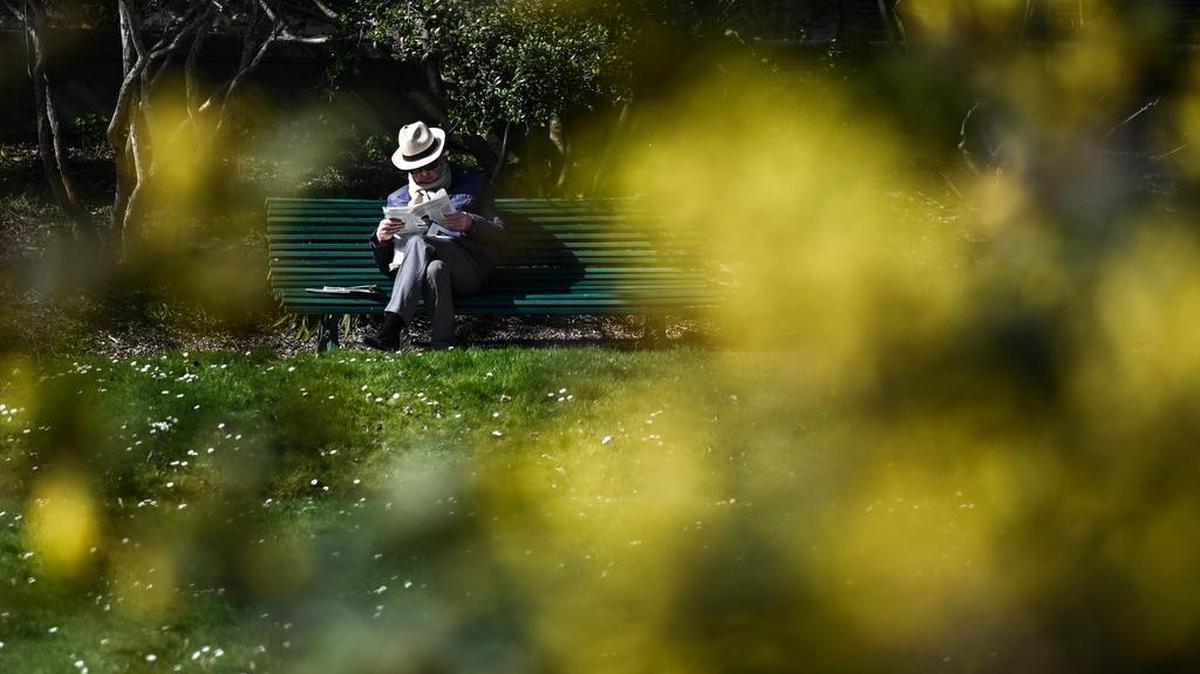 Un hombre lee un periódico en un jardín de París.