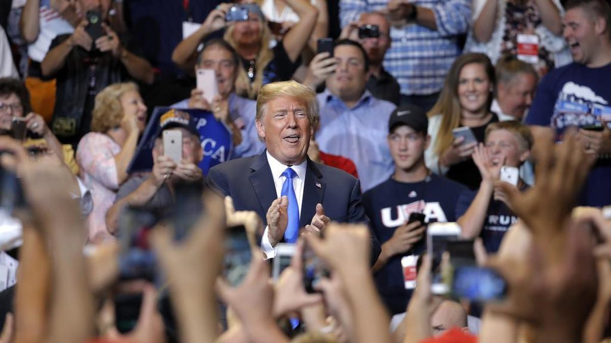 President Donald Trump arrives at a rally, Thursday, Aug. 2, 2018, at Mohegan Sun Arena at Casey Plaza in Wilkes Barre, Pa. (AP Photo/Carolyn Kaster)