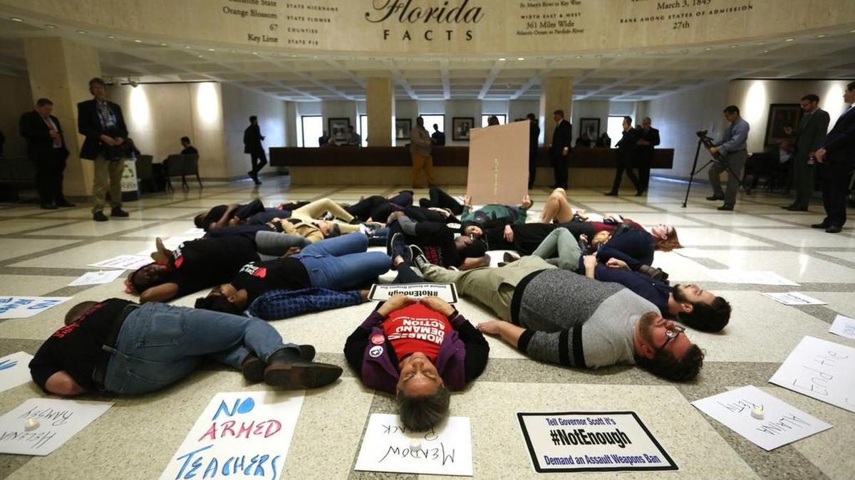 Veinte manifestantes a favor del control de las armas protestan para exigir varias medidas, entre ellas la prohibición de rifles de asalto y no darle armas a los maestros, el 6 de marzo de 2018 en el Capitolio de Tallahassee.