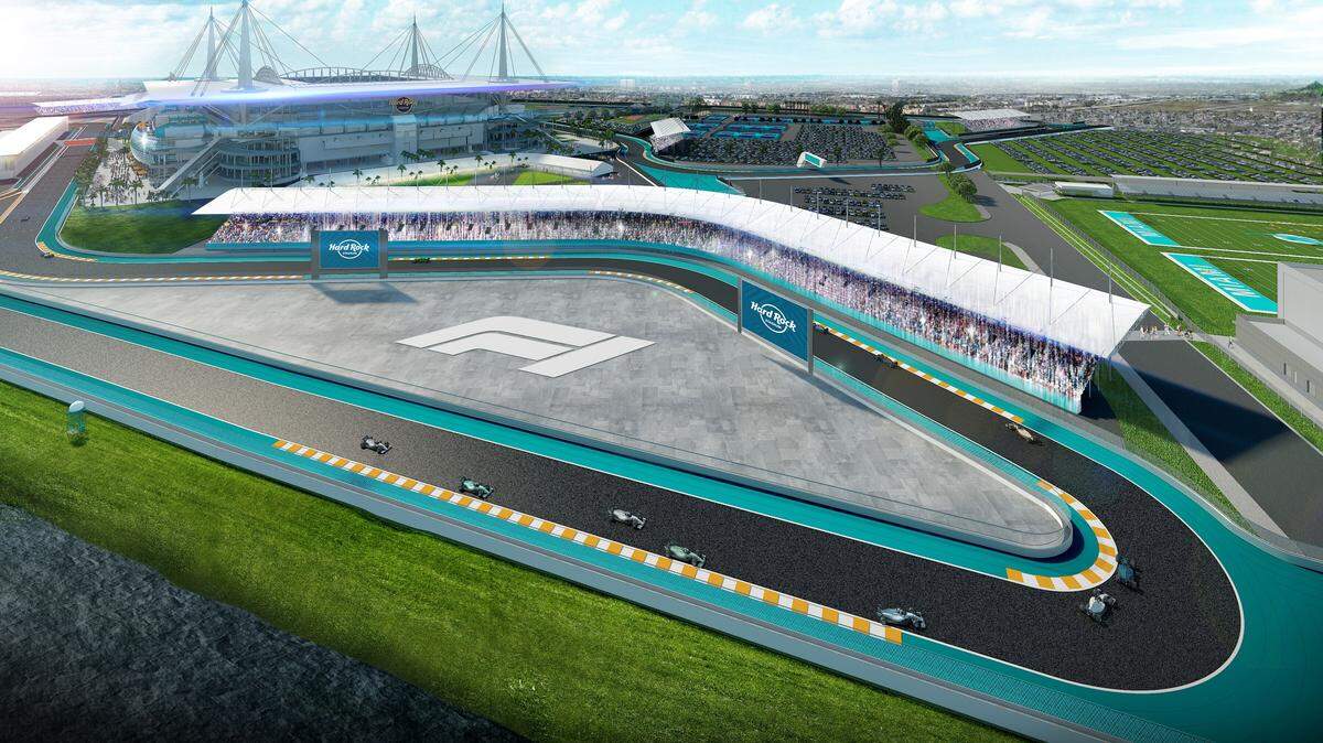Un dibujo de la propuesta de la pista de carreras para el Gran Premio de Miami de Fúrmula Uno, que sería realizado anualmente en el Hard Rock Stadium en Miami Gardens si el condado aprueba el proyecto.