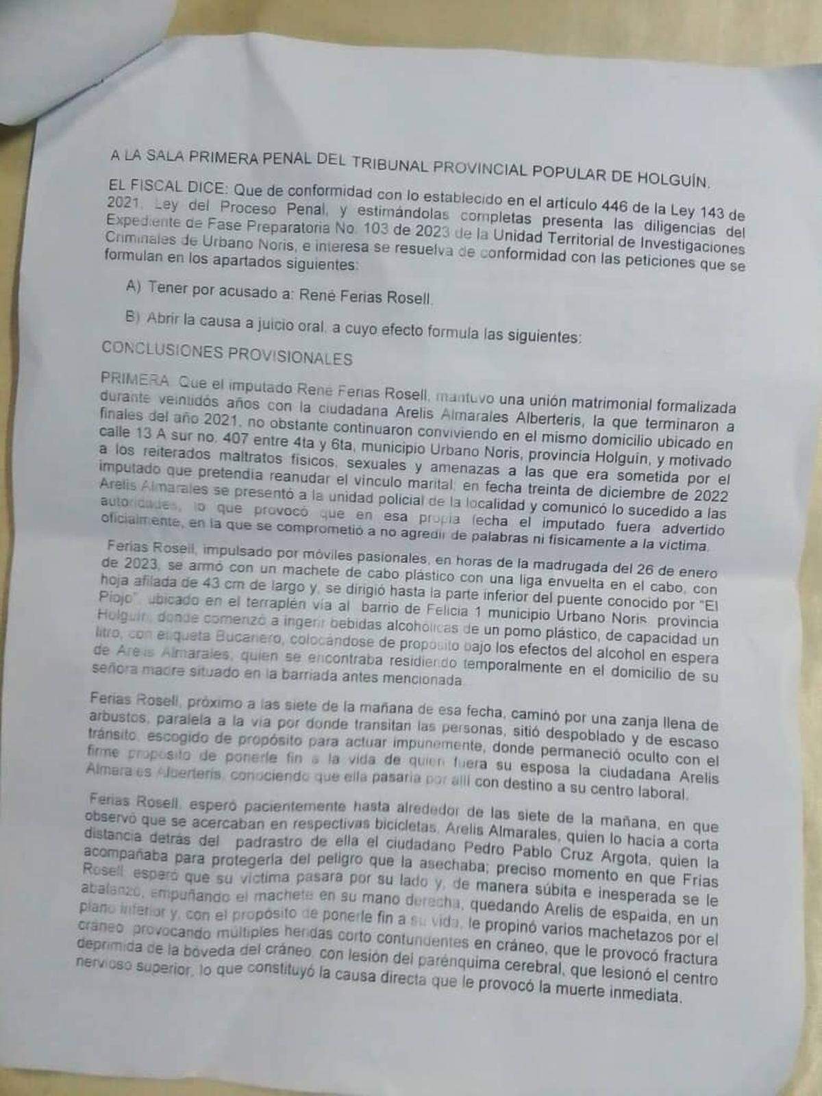 Una página del documento de sentencia emitido por el tribunal provincial de Holguín, Cuba, describe cómo René Ferias mató a su ex esposa Arelis Almarales Alberteris.