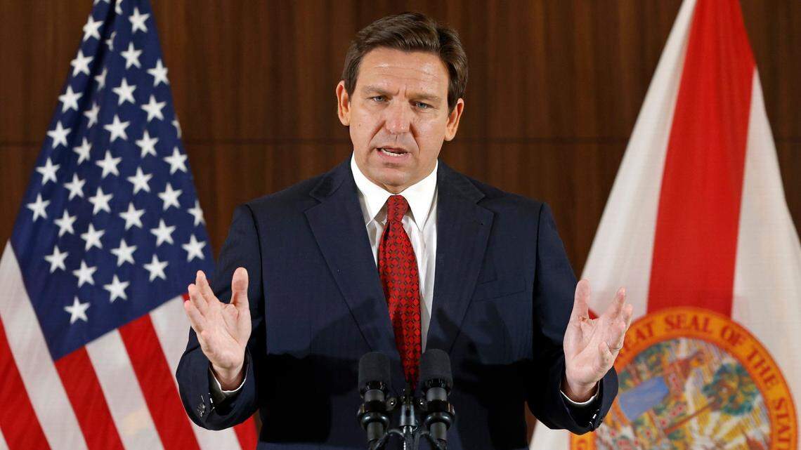 Florida Governor Ron DeSantis speaks during a press conference in Miami on Thursday, Jan. 26, 2023.