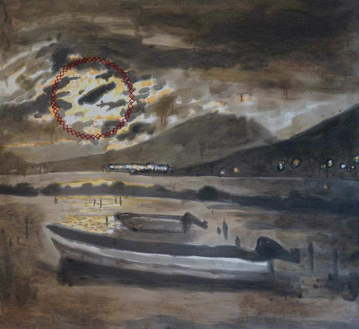 ‘Sin título’. De la serie “K’o q’iij ne t’i’lto’ ja juyu’ t’aq’aaj”, 2023, de Manuel Chavajay. Aceite quemado de motor marino y terrestre, acuarela y bordado sobre papel algodón.