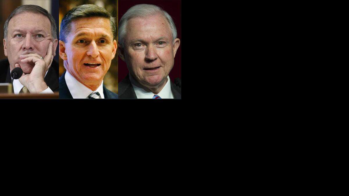 Mike Pompeo, Michael Flynn y Jeff Sessions.