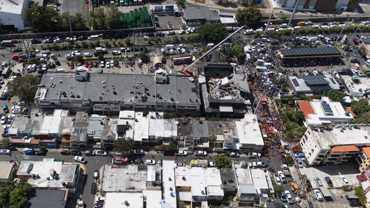 An aerial view of the Jet Set nightclub, whose roof collapsed Monday night during a concert, in Santo Domingo, Dominican Republic, Tuesday, April 8, 2025.