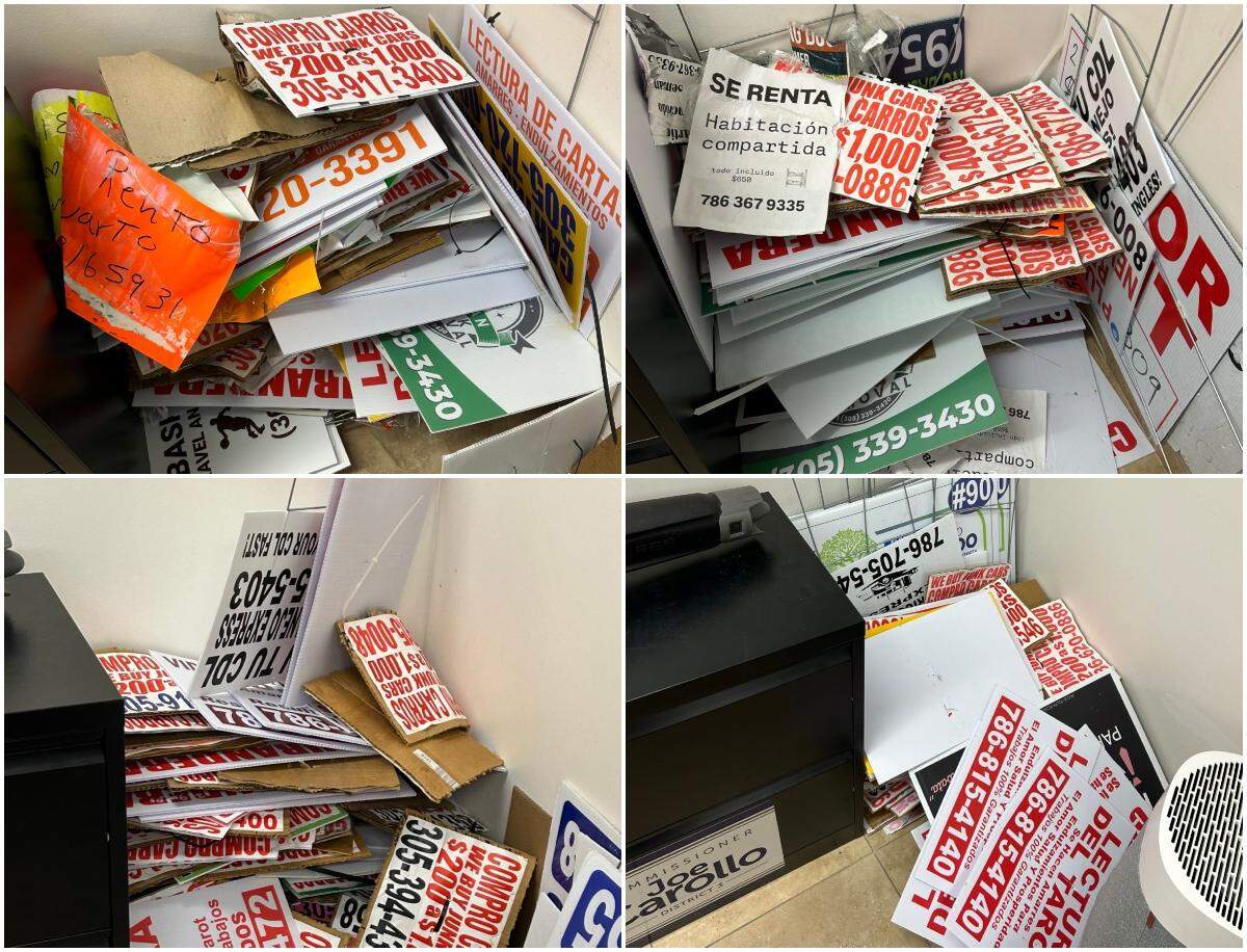 Fotos de carteles colocados ilegalmente que fueron retirados por el personal del Distrito 3 de Carollo durante los meses de junio, julio, agosto y septiembre de 2025. El administrador de la oficina del Distrito 3 afirmó que la gran mayoría de los carteles retirados no tienen motivos políticos y que los empleados no están atacando a ningún candidato. 