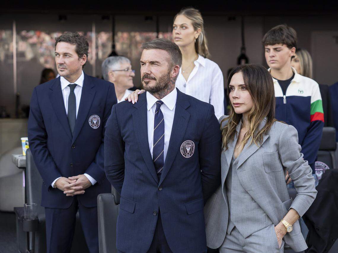 Inter Miami co-owner David Beckham and his wife, Victoria Beckham, at Chase Stadium on Saturday, Dec. 6, 2025, in Fort Lauderdale, Fla. The British couple just sold their luxury condominium in the One Thousand Museum building, designed by Zaha Hadid, but they still own their $80 million mansion in Miami Beach.