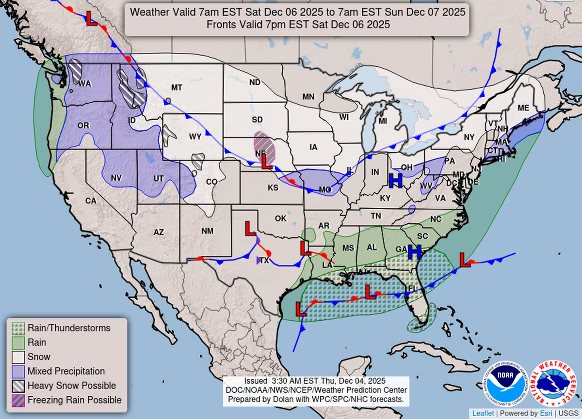 El mapa de EEUU del Servicio Meteorológico Nacional de Miami para el sábado 6 de diciembre de 2025 muestra lluvia en el Panhandle de la Florida y algo de lluvia desde los Cayos hasta Miami.