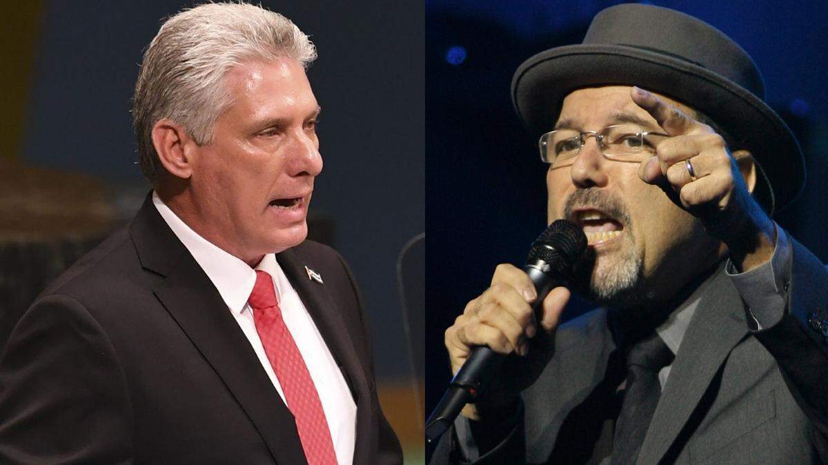 El gobernante cubano Miguel Díaz-Canel (I) y el cantante panameño Rubén Blades.