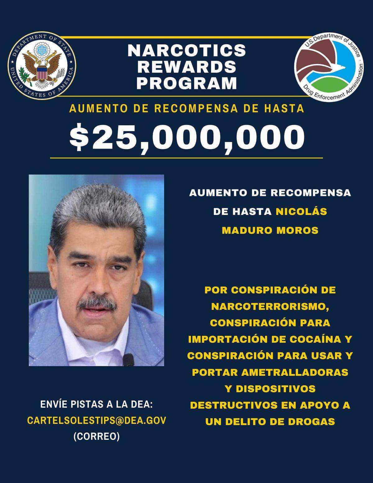 Recompensa ofrecida por el gobierno de Estados Unidos por la captura del gobernante venezolano Nicolás Maduro.
