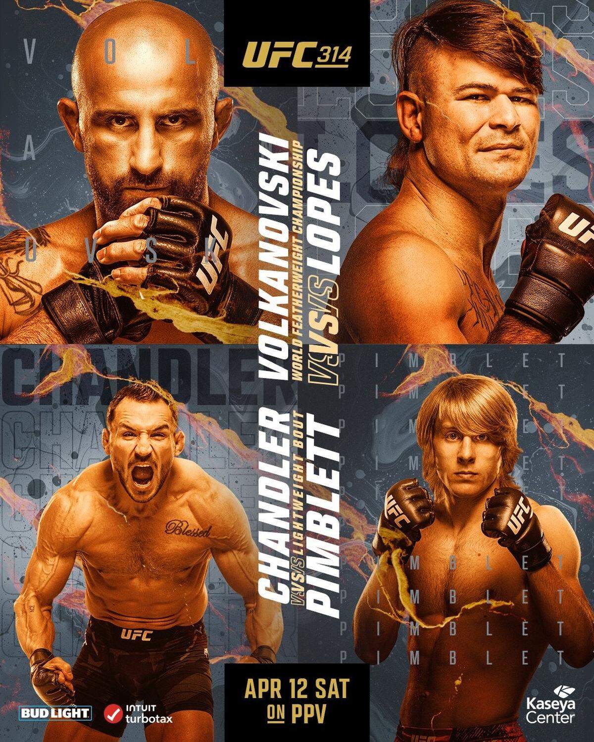 Vista del póster de la UFC 314 en Miami donde Alexander Volkanovski enfrentará a Diego Lopes en la pelea principal. En el combate coestelar Michael Chandler y Paddy Pimblett se verán las caras.
