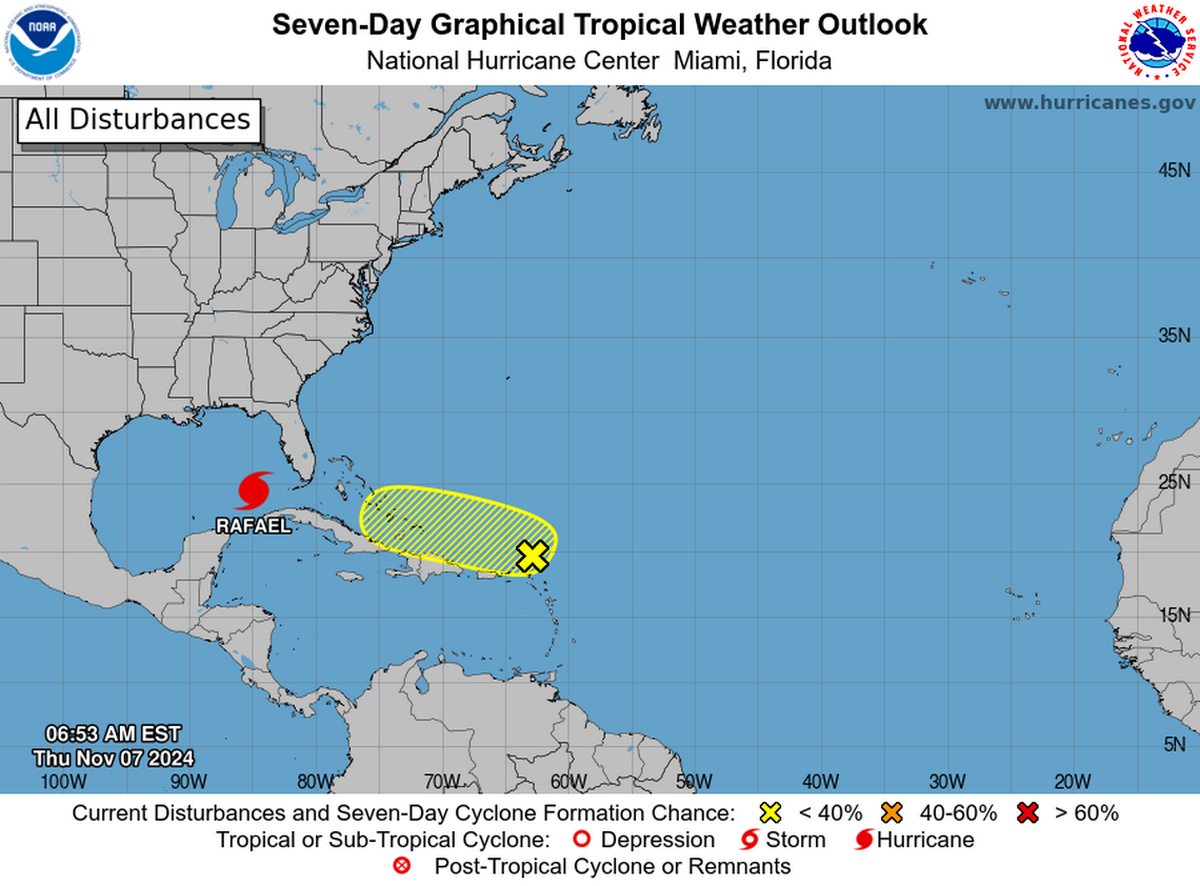 Las posibilidades de que una nueva perturbación tropical se forme al norte de Puerto Rico y Haití es de un 20 por ciento en los próximos dos o siete días. 