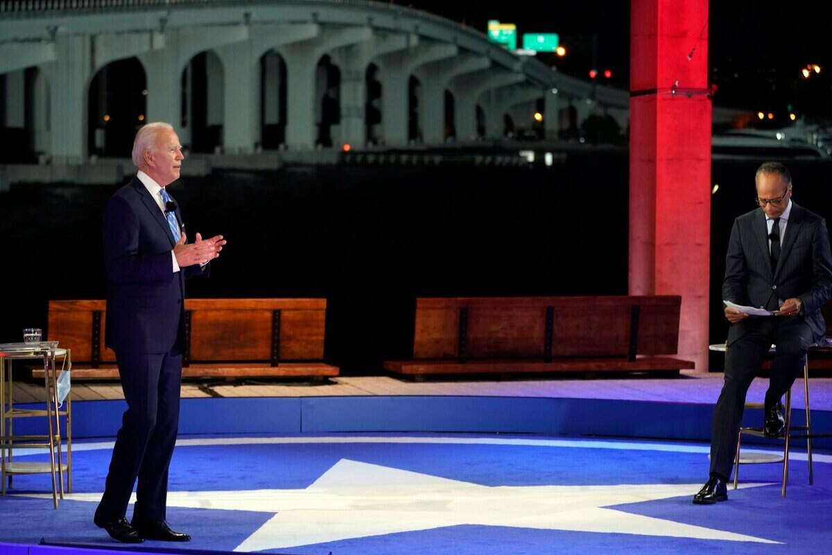 Joe Biden, ex vicepresidente y candidato demócrata a la presidencia en las elecciones del 3 de noviembre, junto al periodista Lester Holt (der.) durante una reunión pública moderada por NBC News en el Perez Art Museum de Miami (PAMM), el lunes 5 de octubre de 2020. Al fondo el MacArthur Causeway sobre la Bahía de Biscayne.