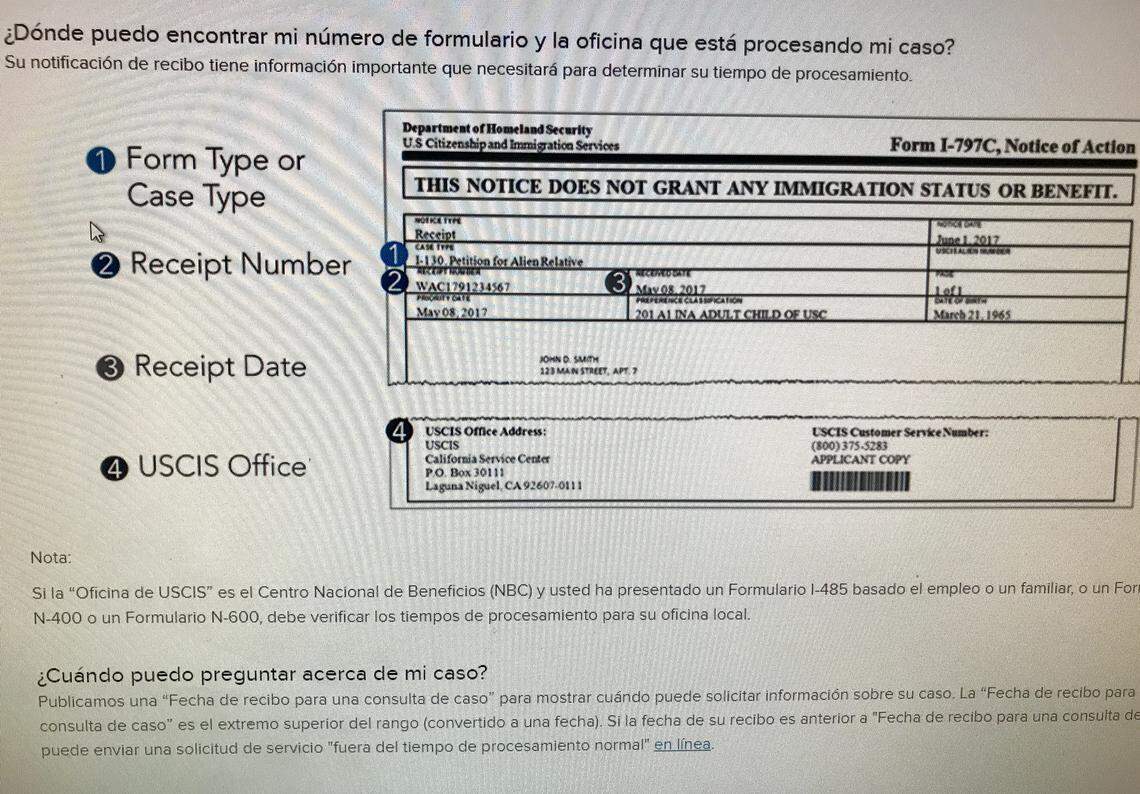En estos renglones de la notificación puedes encontrar el número de formulario y la oficina de USCIS que tramita tu caso, para así averiguar los tiempos de procesamiento.