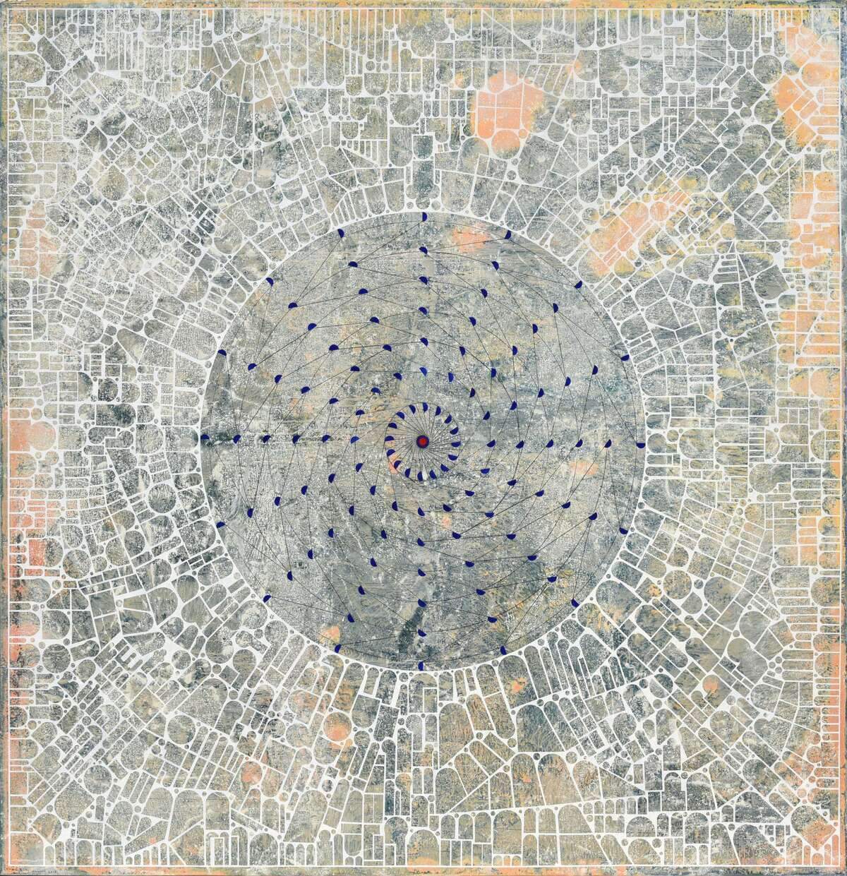 ‘Thera’, 2018, óleo y lápices de acuarela sobre lienzo, 88 x 88 pulgadas.