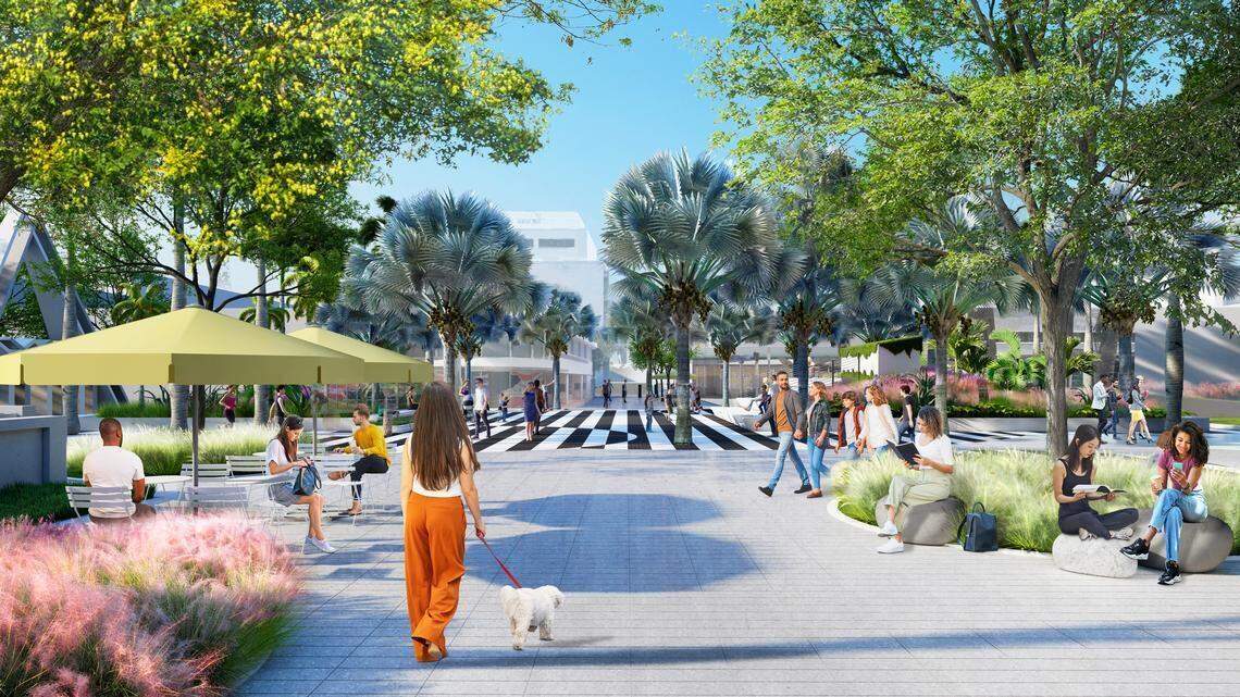 Una representación arquitectónica muestra el aspecto que tendrá una sección del Lincoln Road Mall en Miami Beach tras la finalización de una renovación en curso.