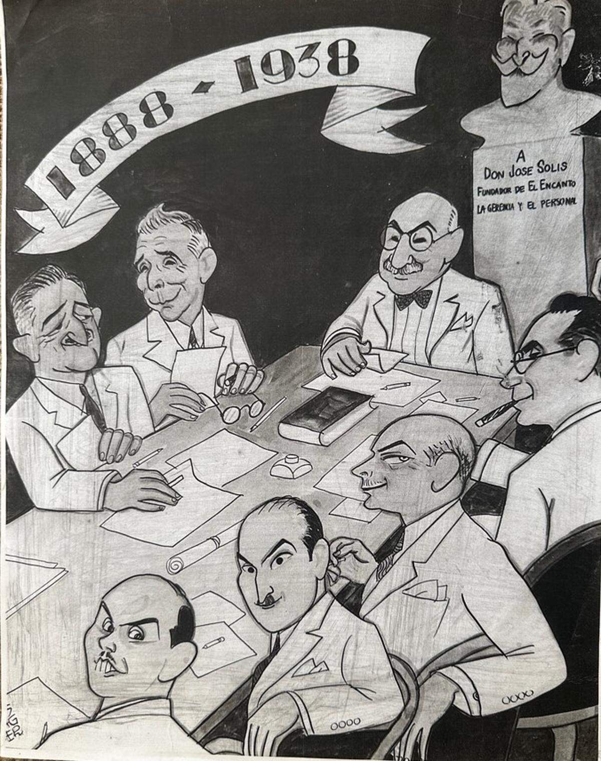 Caricatura de la prensa. De izq a dcha.: Aquilino y Luis Entrialgo, Bernardo Solís García, tres hermanos Solís Alió y Tomás Menéndez.