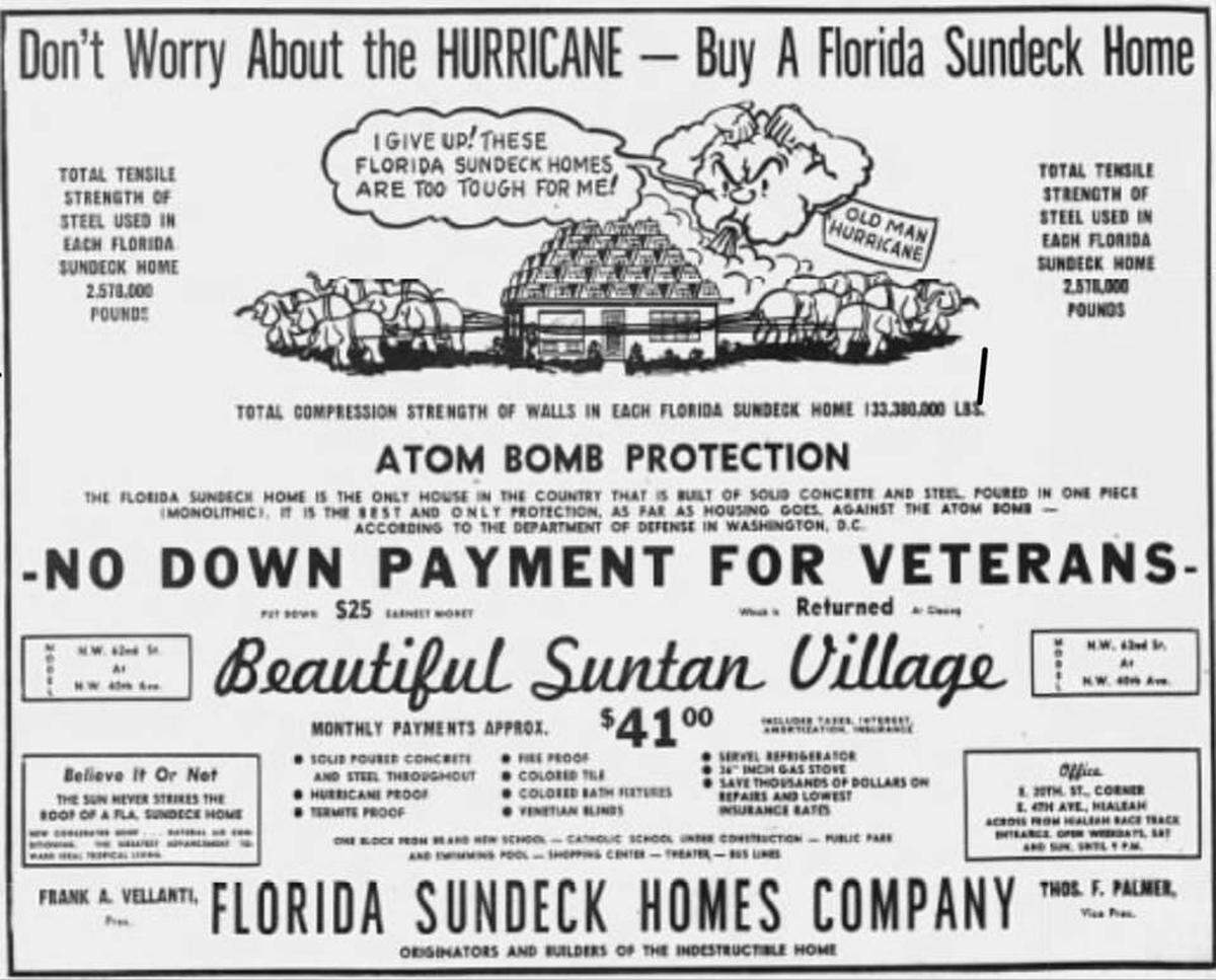 Aviso promocional de la construcción de viviendas en el vencindario Suntan Village ubicado en East 8th Avenue en Hialeah entre 1947 y 1950