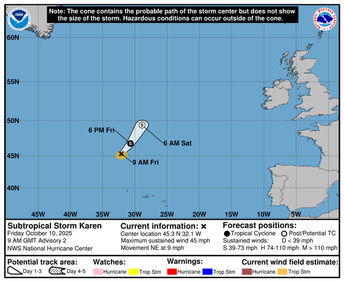La tormenta subtropical Karen se formó rápidamente durante la noche, pero su vida útil es corta.