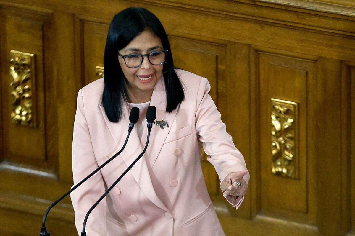 Venezuela's Vice President Delcy Rodriguez speaks during the presentation of the 2026 fiscal year budget at the National Congress in Caracas on December 4, 2025. The Venezuelan government presented its budget for 2026 on December 4, 2025, which, calculated in dollars, is 12% less than the budget approved for 2025, while denouncing "a Dantesque deployment" of US military forces in the Caribbean. (Photo by Pedro MATTEY / AFP via Getty Images)