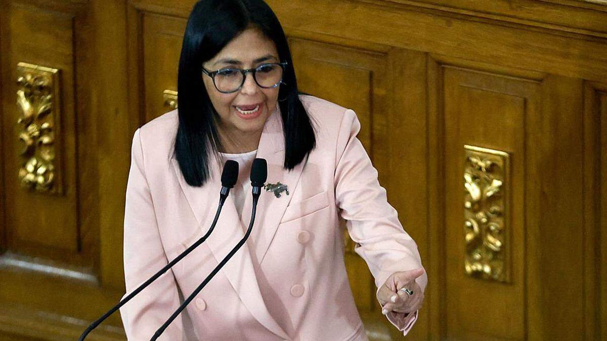 Venezuela's Vice President Delcy Rodriguez speaks during the presentation of the 2026 fiscal year budget at the National Congress in Caracas on December 4, 2025. The Venezuelan government presented its budget for 2026 on December 4, 2025, which, calculated in dollars, is 12% less than the budget approved for 2025, while denouncing "a Dantesque deployment" of US military forces in the Caribbean. (Photo by Pedro MATTEY / AFP via Getty Images)