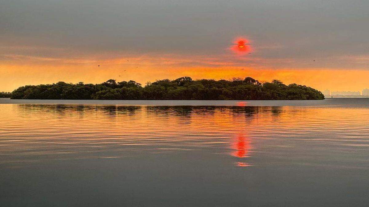 Un sol rojo rubí penetra el cielo cubierto de humo sobre la Bahía de Biscayne mientras dos incendios forestales en los Everglades se extendían a más de 720 hectáreas la mañana del miércoles. El humo provocó cielos brumosos y redujo la visibilidad en las carreteras del área metropolitana y la costa del Condado Broward, informaron las autoridades el miércoles 20 de agosto de 2025 en Miami, Florida.