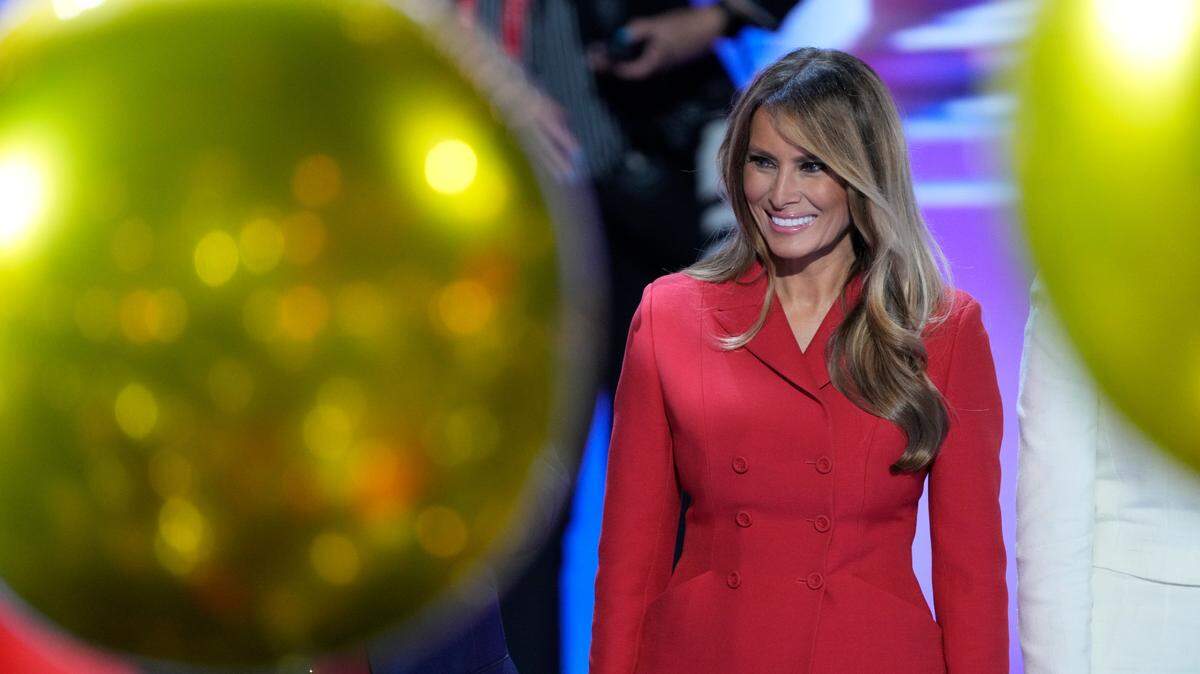 July 18, 2024; Milwaukee, WI, USA; Melania Trump stands on stage at the conclusion of the final day of the Republican National Convention at the Fiserv Forum. The final day of the RNC featured a keynote address by Republican presidential nominee Donald Trump. Mandatory Credit: Jasper Colt-USA TODAY