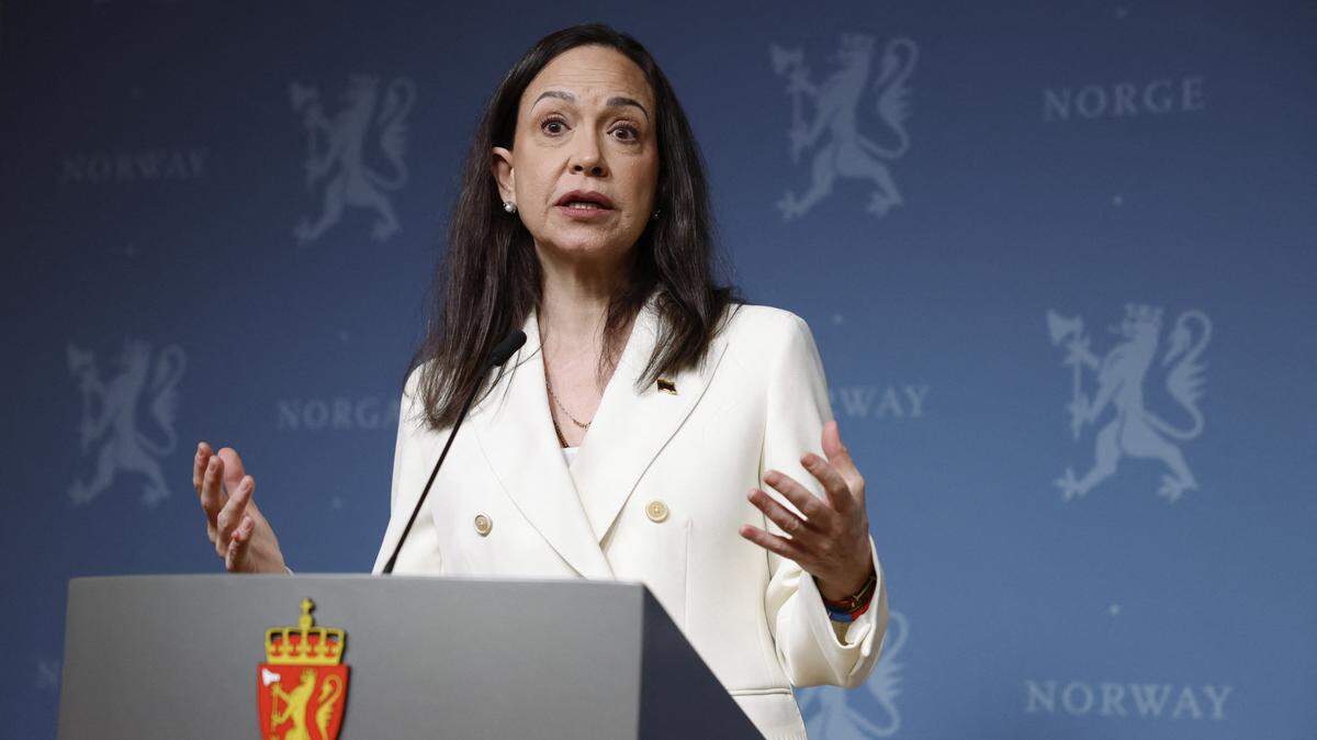 Nobel Peace Prize winner Maria Corina Machado addresses a press conference on December 11, 2025 at the Norwegian government's representative facilities in Oslo. Machado arrived in the Norwegian capital hours after the Venezuelan opposition leader's award was collected on her behalf by her daughter. (Photo by Odd ANDERSEN / AFP via Getty Images)