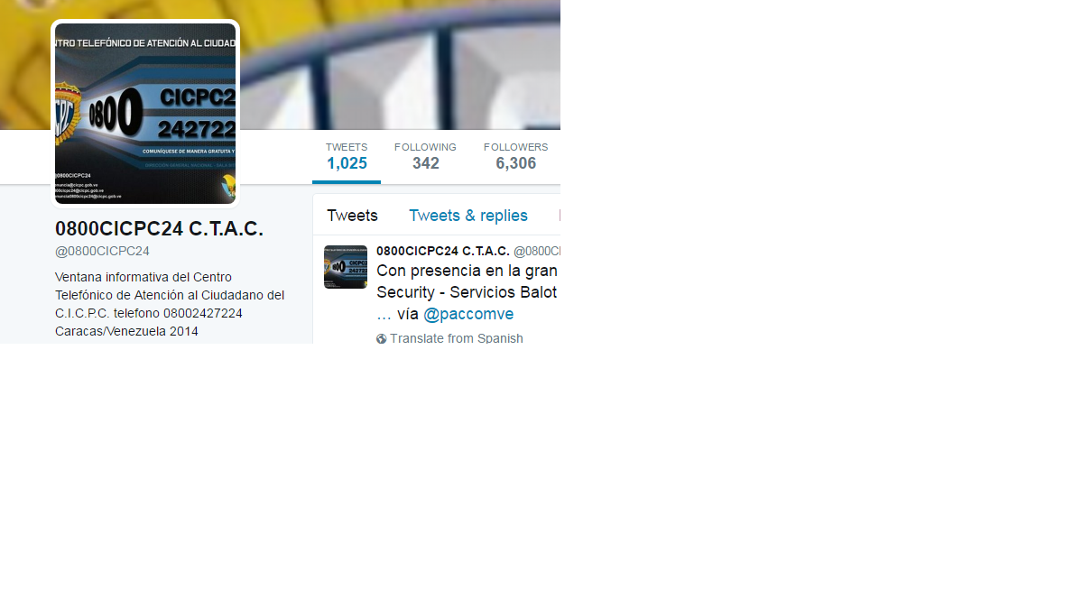 Captura de pantalla de la cuenta en Twitter sugerida por la policía judicial venezolana para denunciar a los "generadores de violencia".