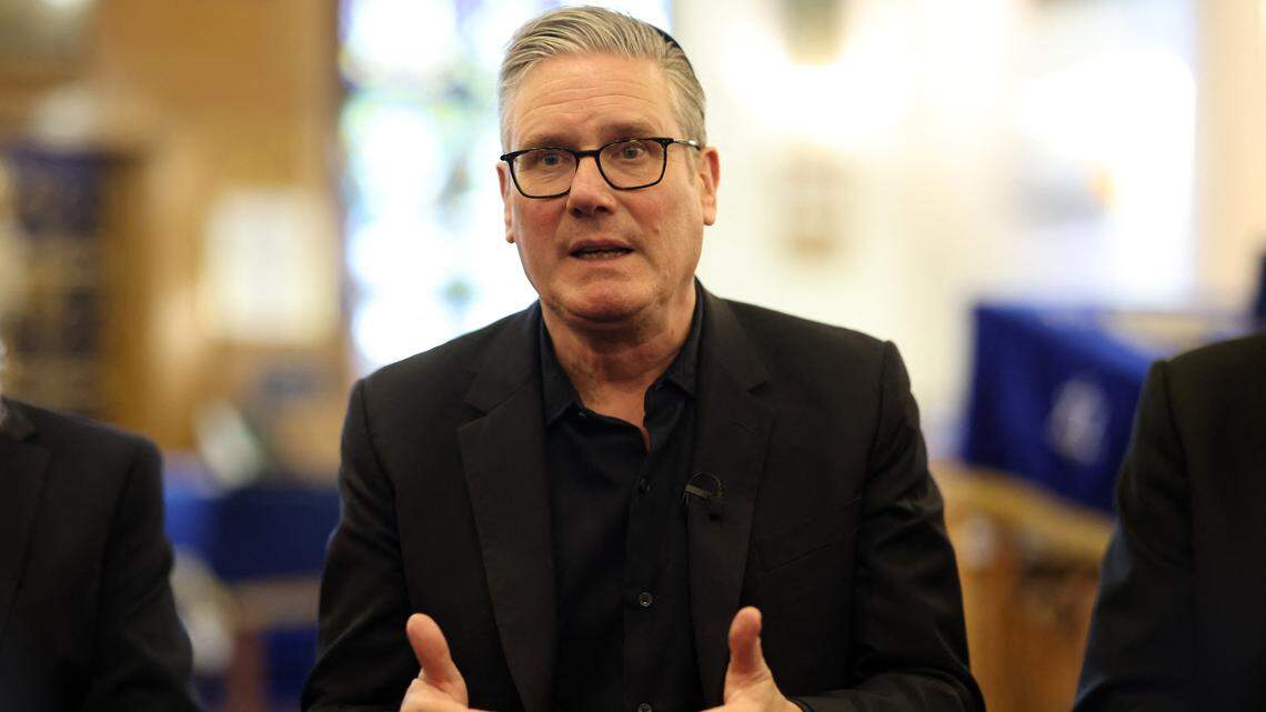 Britain's Prime Minister Keir Starmer talks during a visit to Kenton United Synagogue, which was recently the target of an attempted arson, in the Kenton district of London on April 23, 2026. (Photo by Dan Kitwood / POOL / AFP via Getty Images)