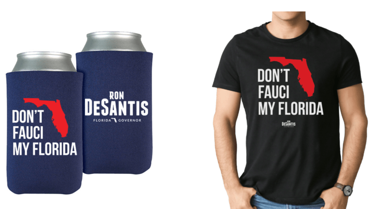 Florida Gov. DeSantis’ campaign merchandise takes a swipe at Dr. Anthony Fauci.