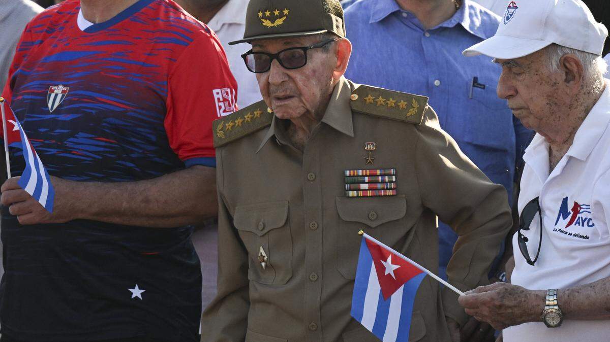 Cuba's former President Raul Castro (C) and former Vice-President Jose Ramon Machado Ventura (R) attend a May Day rally marking International Workers' Day in Havana on May 1, 2026. (Photo by YAMIL LAGE / AFP via Getty Images)