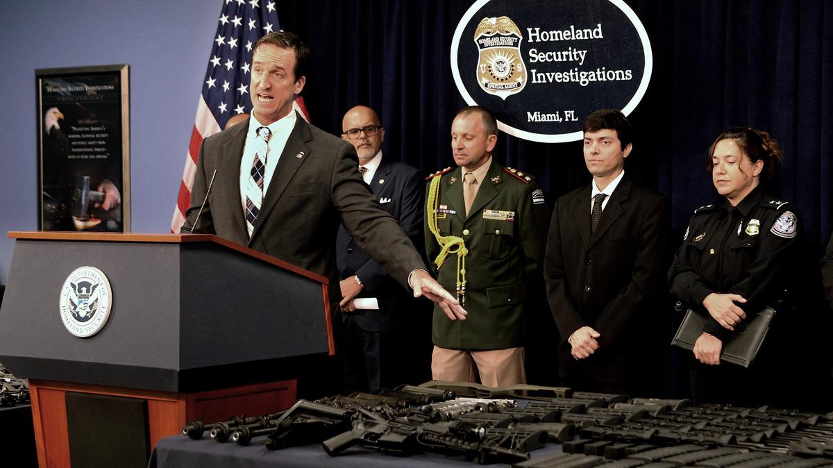 Anthony Salisbury, special agent in charge of ICE’s Homeland Security Investigations Miami, announces the results of an international weapons trafficking operation with U.S. law enforcement partners in Argentina and Brazil. Also in the picture from left: Tony Gonzalez, First Assistant U.S. Attorney for the Southern District of Florida; Commandant Martin Myslicki, Argentina National Gendarmeria; Jose Veras, Liaison, Brazilian Federal Police, with U.S. Homeland Security; and Diane Sabatino, Operations Director of Field Operations, U.S. Customs and Border Protection, Miami/Tampa. The press conference took place at the Homeland Security Investigations headquarters in Miami Florida. on Friday June 28, 2019.