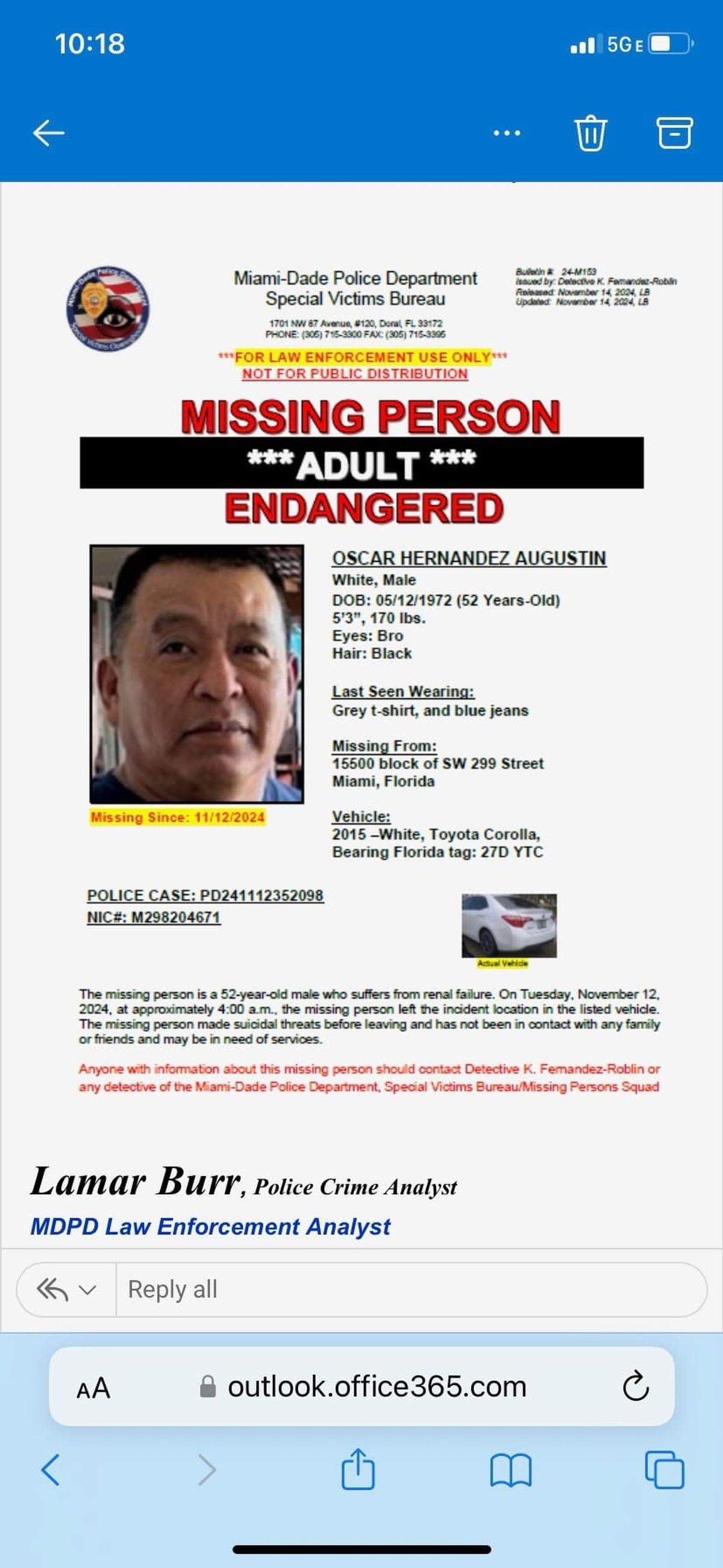 La policía de Miami-Dade había emitido un aviso de desaparición de Óscar René Hernández Augustín.