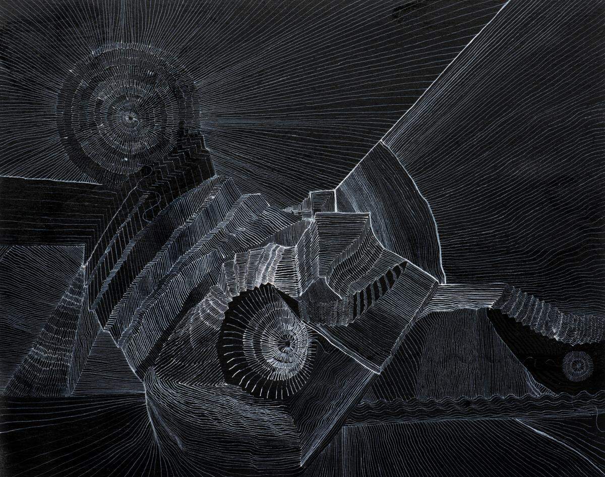 ‘Hyperspace series: Aleph 1.0’, 2025, de Agustín Di Luciano. Tinta y gesso sobre panel de madera.