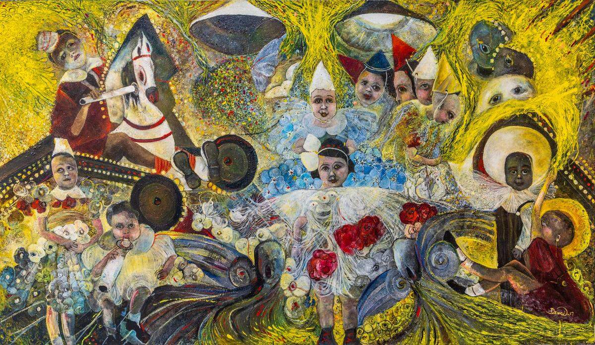 “Children, Angels, Saints and Ghosts”, 2017, acrílico sobre lienzo, 52 x 90 pulgadas.