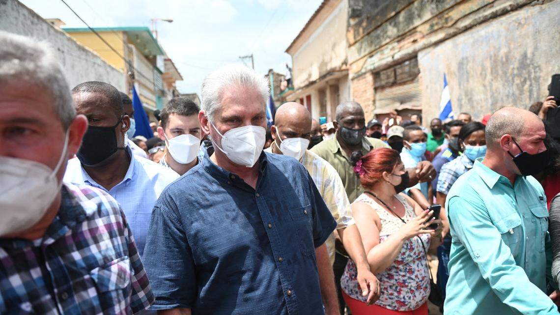 Cuban President Miguel Diaz-Canel is seen during a demonstration held by citizens to demand improvements in the country, in San Antonio de los Banos, Cuba, on July 11, 2021.