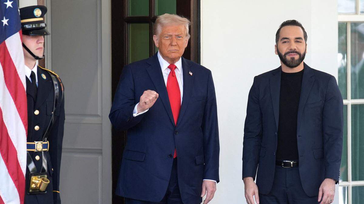 President Donald Trump welcomes El Salvador’s President Nayib Bukele to the White House in Washington, April 14, 2025. Photo by Yuri Gripas/Abaca/Sipa USA.