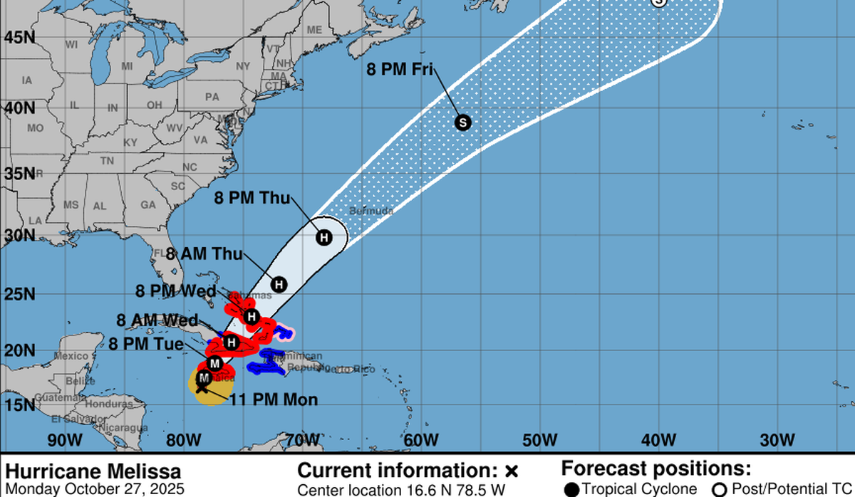 El huracán Melissa seguía intensificándose en la madrugada del martes 28 de octubre y sus vientos máximos sostenidos eran de 175 mph (280 Km/h).