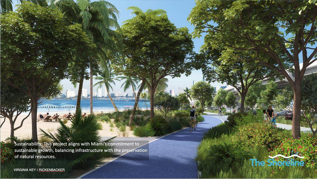 El plan Shoreline, defendido por la comisionada de Miami-Dade Raquel Regalado, rediseñaría el Rickenbacker Causeway en Virginia Key al crear carriles expresos para automóviles y camiones en un viaducto hacia Key Biscayne, visible a la derecha, mientras que eliminaría el asfalto de la superficie para crear acres de playas ampliadas, parques y senderos para ciclistas y peatones.