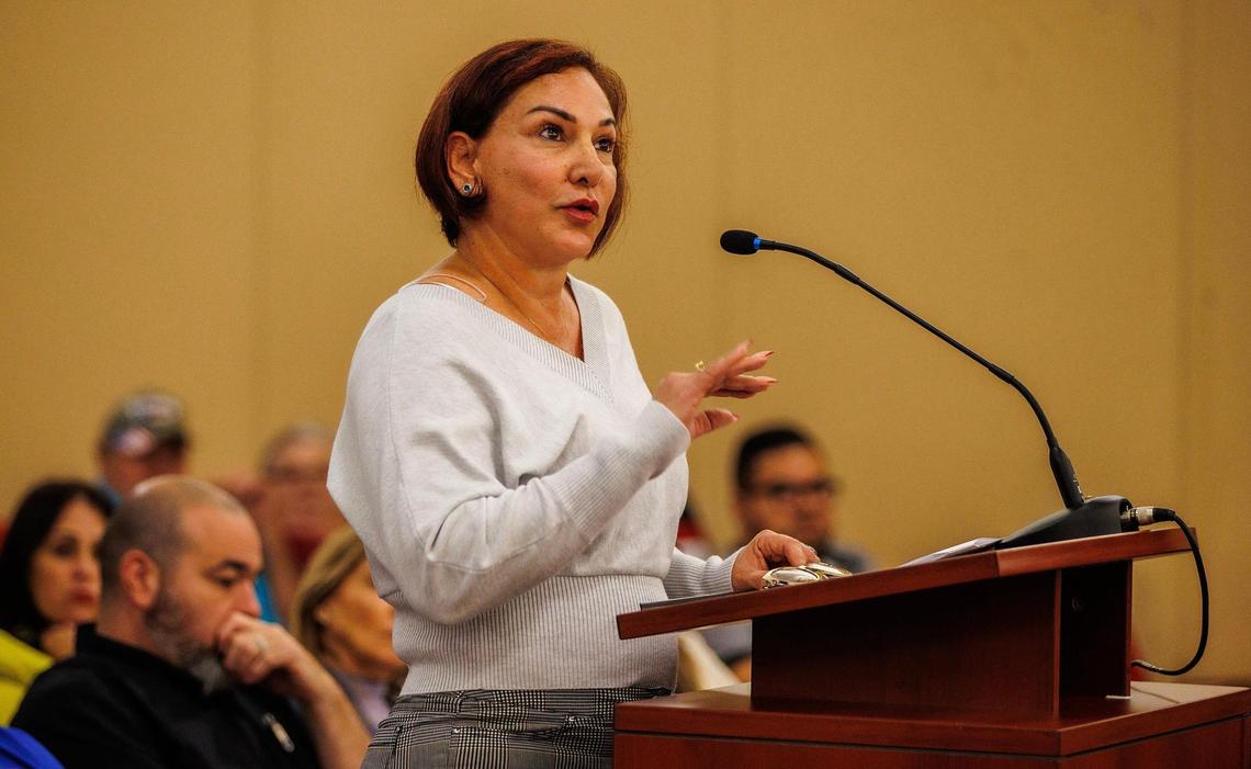Hialeah resident Tamara Reyes speaks in support of the city taking action against illegally rented motor homes in the city, during a meeting that included the first reading of the proposed ordinance amending a code chapter on commercial vehicles, vehicles recreational vehicles, boats or vessels, at the mayor’s office, on Tuesday, January 9, 2024.