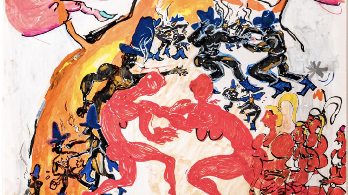 “Cowboys and Divas (History of Combat)”, 2024, de Thekla Kaischauri. Acrílico en marco de plexiglás.
