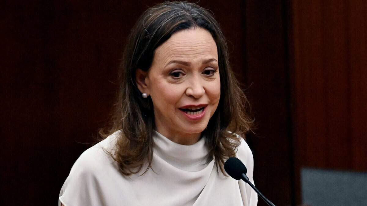 Venezuelan opposition leader Maria Corina Machado delivers a speech at the National Assembly in Panama City on May 25, 2026. Machado is visiting Panama as part of a regional tour, during which she is set to meet with members of the Venezuelan diaspora and Panamanian President Jose Raul Mulino. (Photo by MARTIN BERNETTI / AFP via Getty Images)