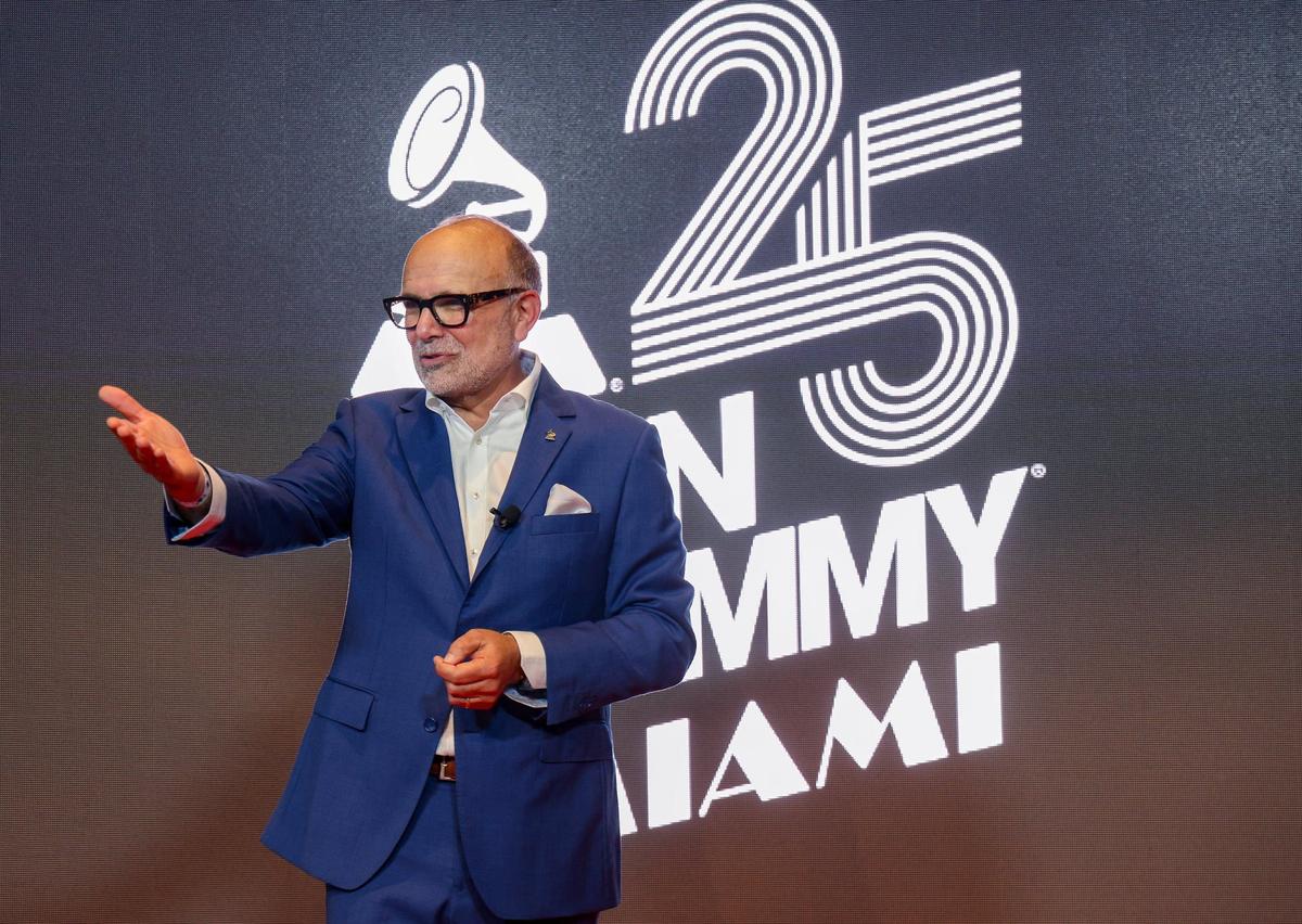 Manuel Abud, CEO of the Latin Recording Academy, announces the Latin Grammy coming to Miami in November, 2024 during a press conference at the Kaseya Center in Miami, Florida on Wednesday, April 17, 2024.