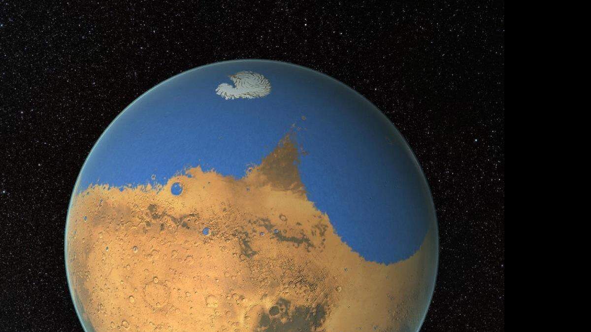 La mayor parte del agua líquida de Marte probablemente existió en un océano que cubría el 20 por ciento de la tierra. Hubiera sido más grande que nuestro Océano Ártico. Ilustra MARS (categoría a), por Rachel Feltman (c) 2015, The Washington Post. Jueves, 05 de marzo 2015.