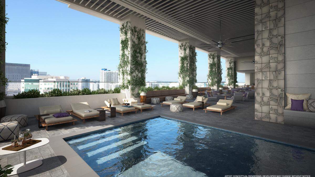 Representación arquitectónica de la zona de la piscina del proyecto YOTELPAD Miami, una combinación de hotel y residencias en 227 NE 2 St.,  que debe completarse a finales del 2018. El edificio tendrá 208 condos de entre 425 y 700 pies cuadrados.